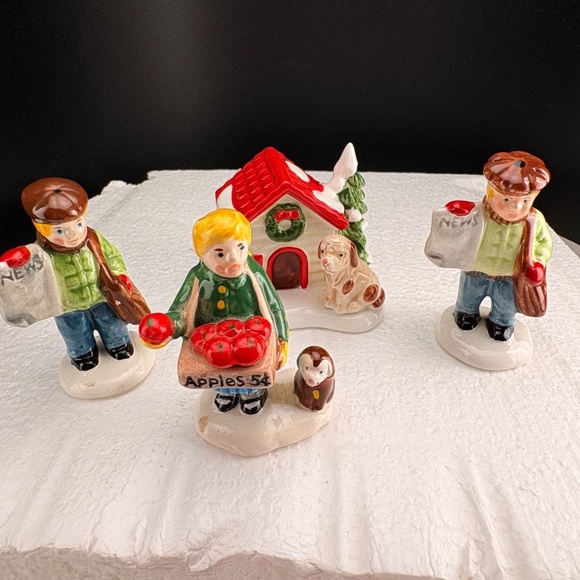 Department 56 Snow Village Girl & Apples, 2 Newsboys, Dog with House - 4 pieces - Picture 1 of 16